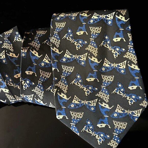 Giorgio Armani Silk Blue Gray Bowties Bows Mid Century Mod Modernist Retro - Picture 1 of 4